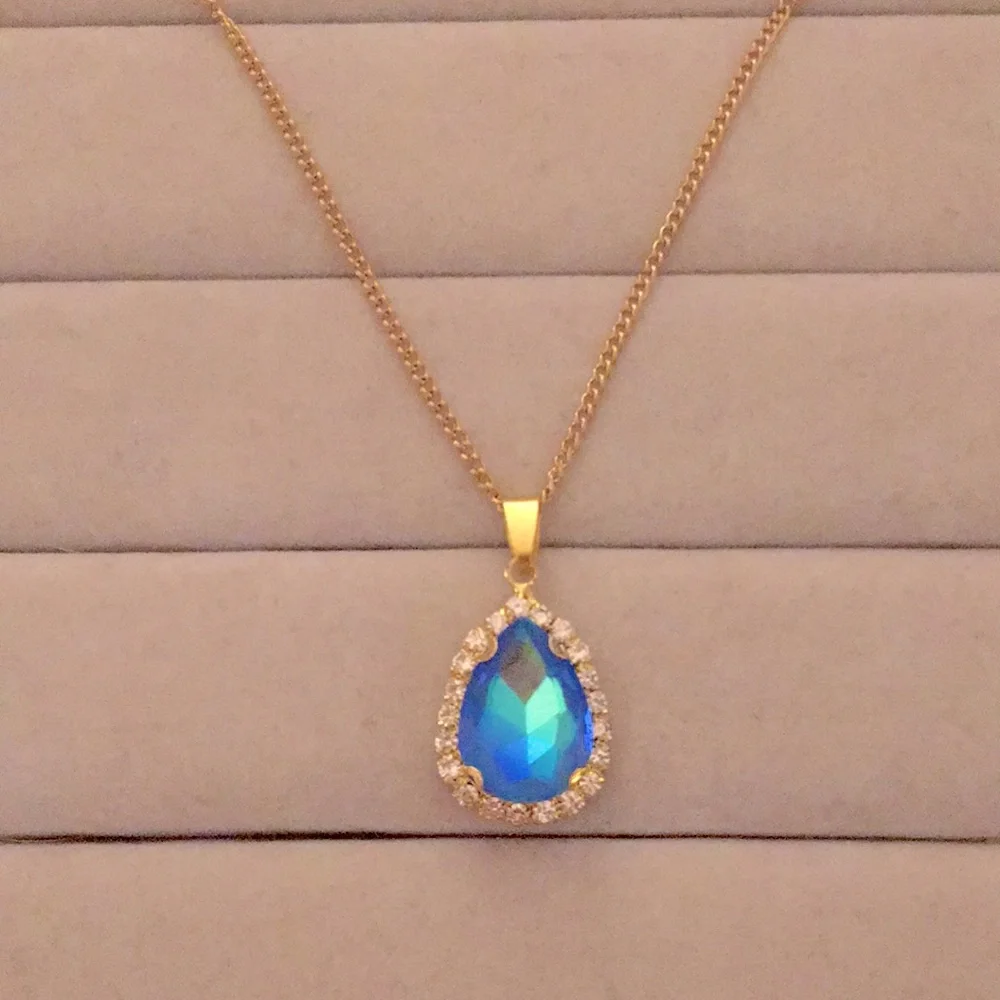 Sapphire Aurora Borealis + Gold Crystal Halo Drop Pendant Necklace - Picture 6 of 7